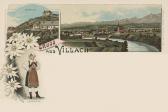 2 Bild Litho Karte Villach  - Oesterreich - alte historische Fotos Ansichten Bilder Aufnahmen Ansichtskarten 