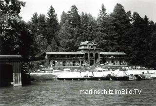 Badehaus mit Strand vom Inselhotel - Villach Land - alte historische Fotos Ansichten Bilder Aufnahmen Ansichtskarten 