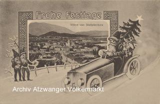 Villach Weihnachtskarte, Blick vom Stadtpfarrturm - Bahnhofstraße - alte historische Fotos Ansichten Bilder Aufnahmen Ansichtskarten 