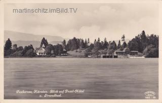 Faakersee, Inselhotel mit Badestrand - Villach Land - alte historische Fotos Ansichten Bilder Aufnahmen Ansichtskarten 