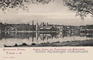 Schloss Velden mit Restauration und Badeanstalt  - Villach Land - alte historische Fotos Ansichten Bilder Aufnahmen Ansichtskarten 