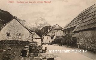 Predil, Gasthaus zum Touristen mit Mangart - Kronau (Monte Cragnisca) / Kranjska Gora - alte historische Fotos Ansichten Bilder Aufnahmen Ansichtskarten 