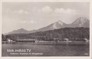 Sandbank mit Mittagskogel, Bootshaus Fürst  - Finkenstein am Faaker See - alte historische Fotos Ansichten Bilder Aufnahmen Ansichtskarten 