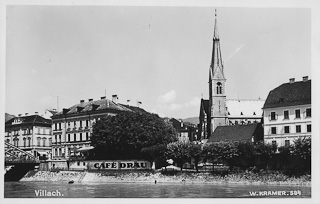 An der Drau mit Nikolaikirche - Villach - alte historische Fotos Ansichten Bilder Aufnahmen Ansichtskarten 