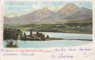 Westansicht der Insel mit Insel-Hotel - Faak am See - alte historische Fotos Ansichten Bilder Aufnahmen Ansichtskarten 