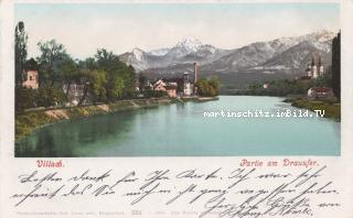 Partie an der Drau mit Blick auf die Karawanken - Villach-Innere Stadt - alte historische Fotos Ansichten Bilder Aufnahmen Ansichtskarten 