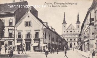 Leoben, Timmerstdorgergasse mit Stadtpfarrkirche - Steiermark - alte historische Fotos Ansichten Bilder Aufnahmen Ansichtskarten 